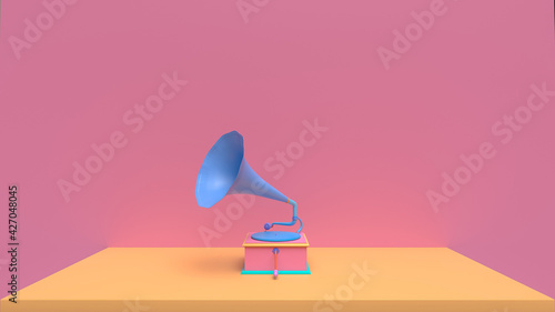 Minimal 3D design simple music audio colorful gramophone sound speaker render stage frontal scene. Pink and yellow colors scene