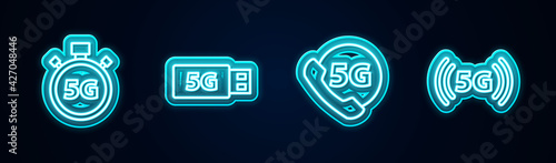 Set line Digital speed meter 5G, modem, Phone with network and . Glowing neon icon. Vector