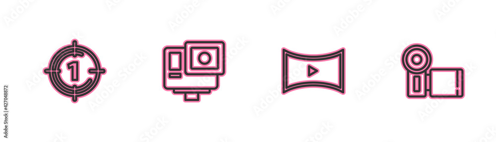 Set line Old film movie countdown frame, Online play video, Action extreme camera and Cinema icon. Vector Set line Old film movie countdown frame, Online play video, Action extreme camera and Cinema icon. Vector