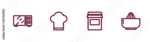 Set line Microwave oven, Jam jar, Chef hat and Citrus fruit juicer icon. Vector