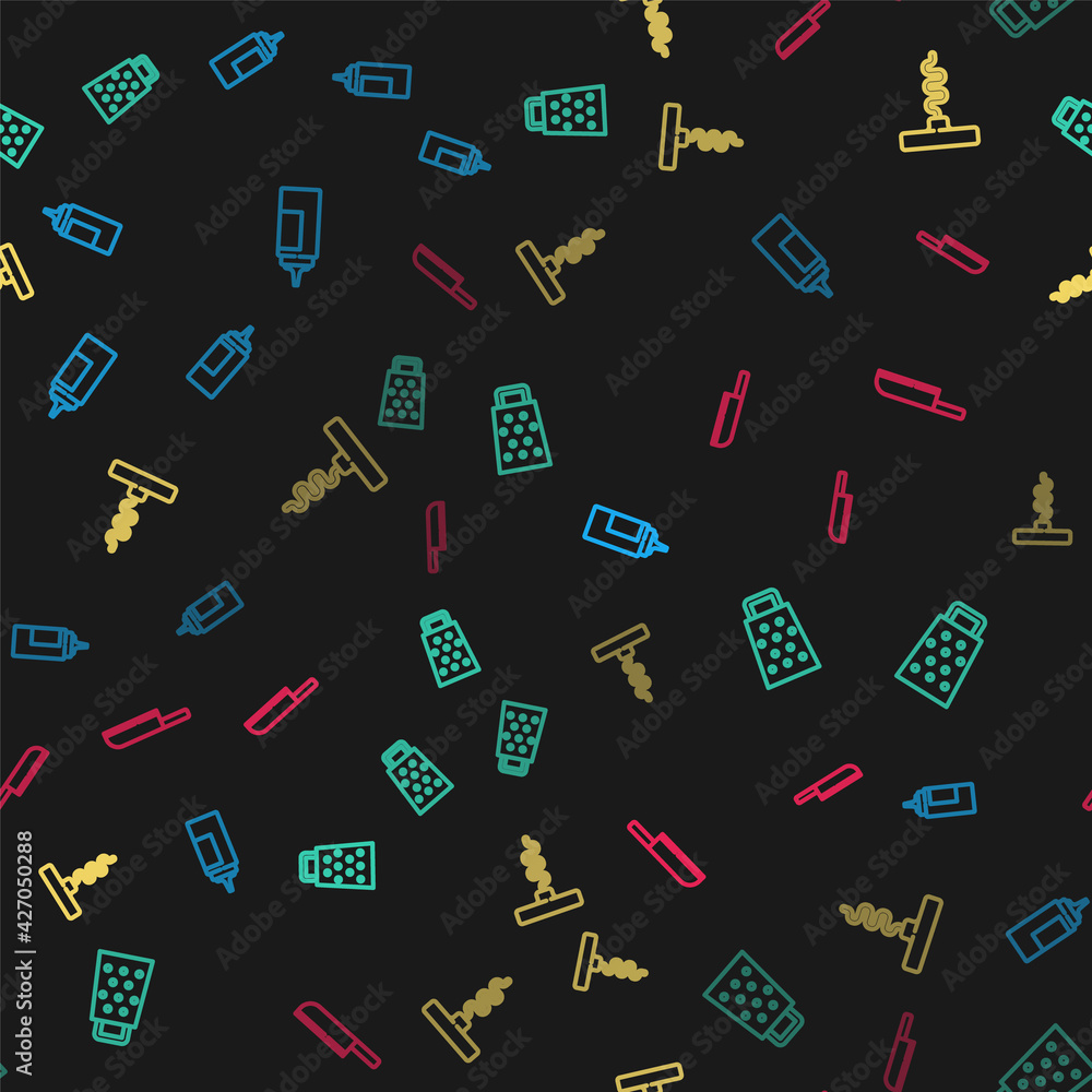 Set line Sauce bottle, Grater, Wine corkscrew and Knife on seamless pattern. Vector Set line Sauce bottle, Grater, Wine corkscrew and Knife on seamless pattern. Vector