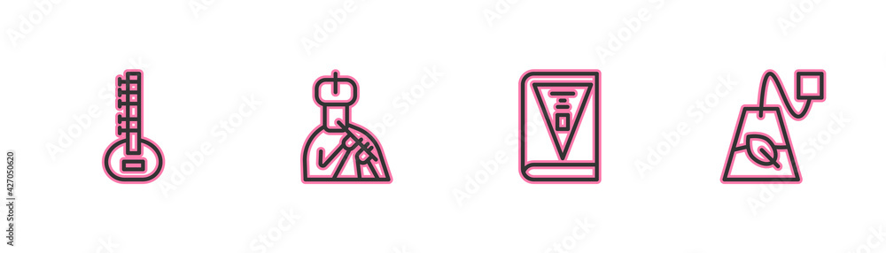 Set line Sitar, India constitution day, Indian man plays flute and Tea bag icon. Vector Set line Sitar, India constitution day, Indian man plays flute and Tea bag icon. Vector