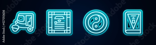 Set line Taxi tuk tuk, India constitution day, Yin Yang and . Glowing neon icon. Vector
