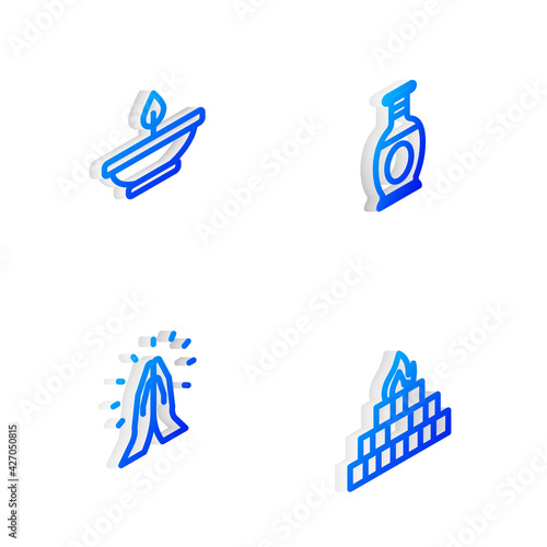 Set Isometric line Indian vase, Aroma lamp, Hands in praying position and Yagna icon. Vector