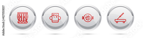 Set line Instrument tabla, Cup of tea and leaf, Chicken tikka masala and Scented spa stick. Silver circle button. Vector