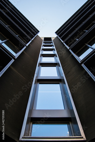 Facade of a building. Sky. Perspective. Abstract. 