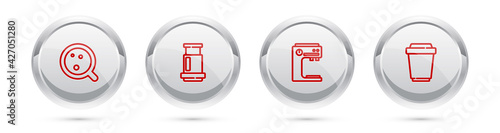 Set line Coffee cup, Aeropress coffee, machine and to go. Silver circle button. Vector