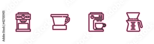 Set line Coffee machine, , V60 coffee maker and Pour over icon. Vector