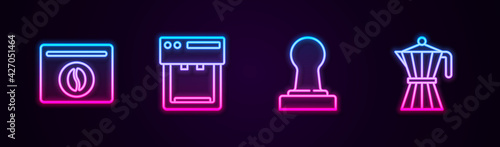 Set line Bag of coffee beans, Coffee machine, tamper and moca pot. Glowing neon icon. Vector