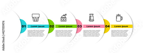 Set line Glass with water, Manual coffee grinder, Aeropress and Coffee cup. Business infographic template. Vector