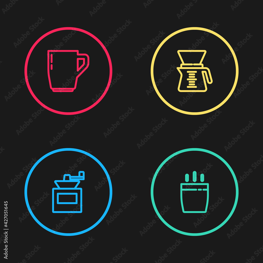 Set line Manual coffee grinder, Coffee cup, Pour over maker and icon. Vector Set line Manual coffee grinder, Coffee cup, Pour over maker and icon. Vector
