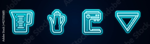 Set line Jug glass with water, Teapot, Coffee machine and paper filter. Glowing neon icon. Vector