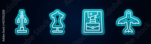 Set line Street light, Mannequin, Handbag and Plane. Glowing neon icon. Vector