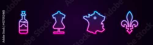 Set line Bottles of wine, Mannequin, Map France and Fleur De Lys. Glowing neon icon. Vector