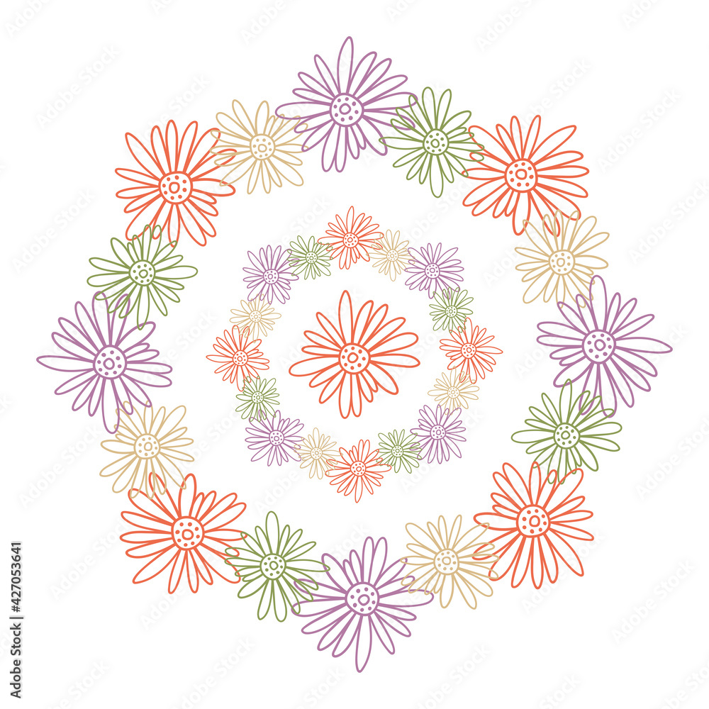 Vector ornamental isolated floral vignette botanical design garland of camomiles in pastel tones