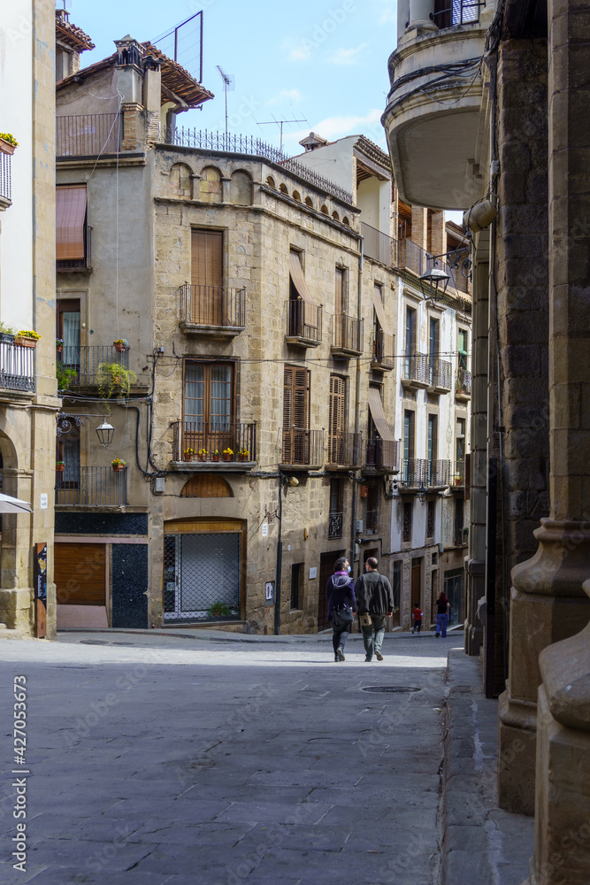 Solsona, Barcelona, Spain - April 4, 2021. Street in the medieval historic center of Solsona, Spain.