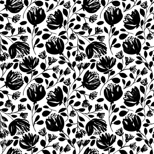 Seamless floral vector pattern with peonies, roses, anemones. Hand drawn black paint illustration with abstract floral motif. Graphic hand drawn brush stroke botanical pattern. Leaves and blooms.