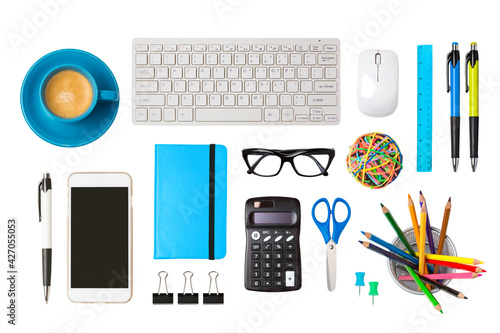 Office desk objects isolated on white background. Blogger desk or freelancer home office mock up template for design