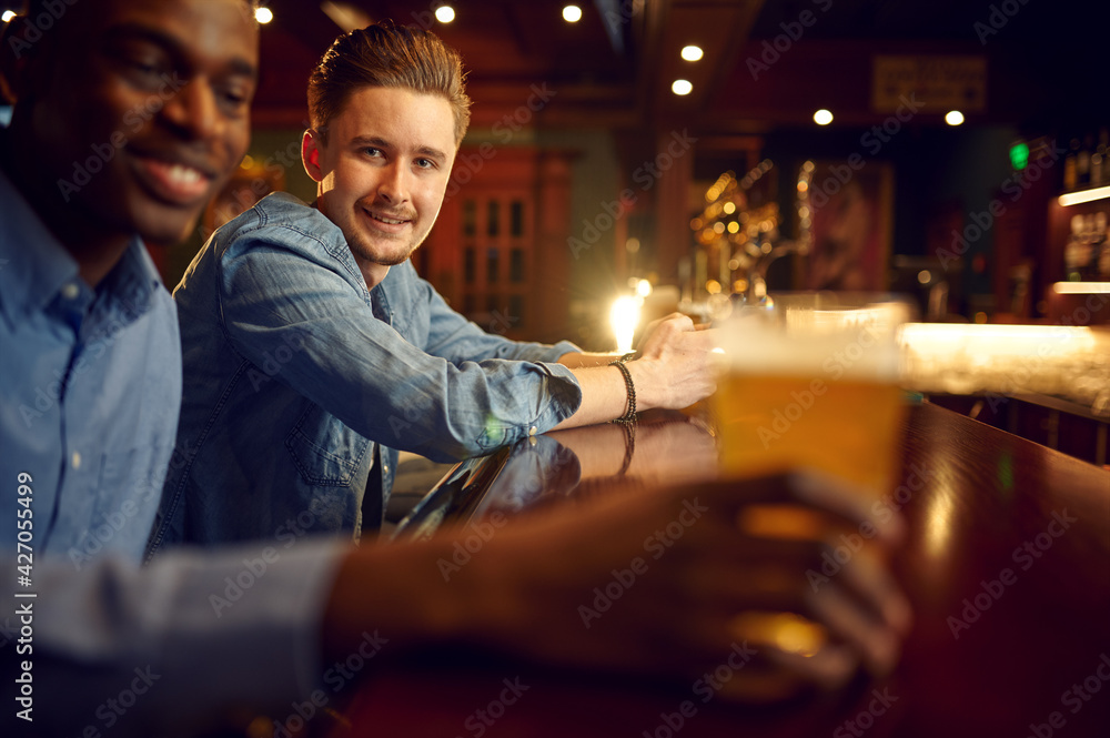 Two male friends leisures at the counter in bar