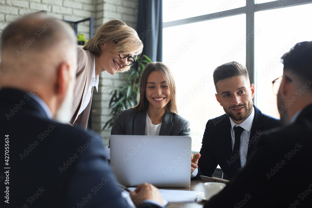 Startup business team on meeting in modern bright office interior and working on laptop.