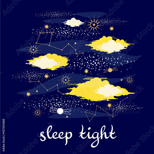 Night clowds print sleep tight with stars