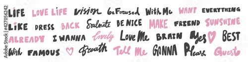 Vector hand drawn collection set of calligraphy lettering quotes and words. Pink and black color