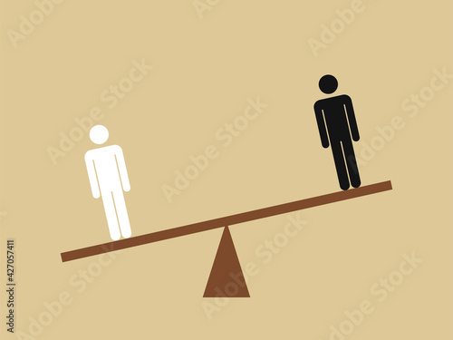 Black and white people on unbalanced scales. Racial discrimination. Unequal human rights. 