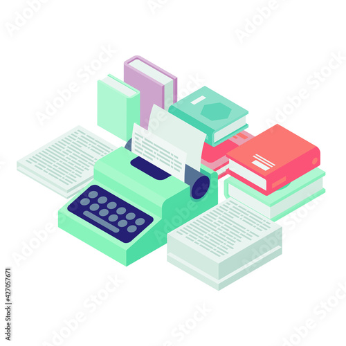 Isometric vintage typewriter and books