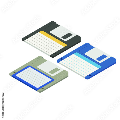 Isometric floppy disks on white background
