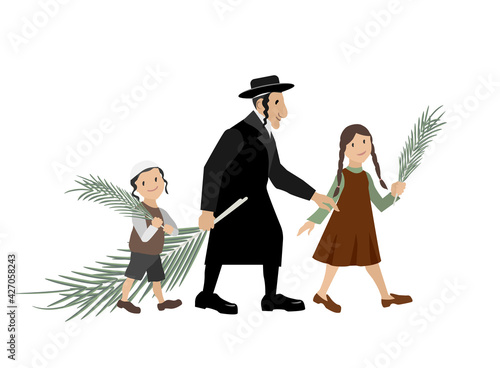 Jewish Family carrying palm branches for Sukkot holiday. Vector illustration. All parts are editable