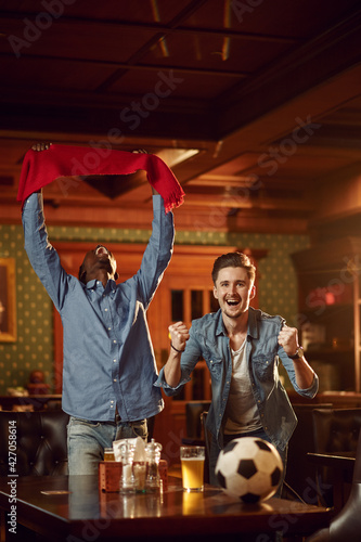 Football fans watching game translation in bar