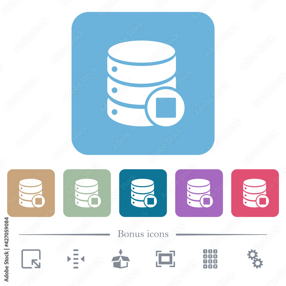 Database macro stop flat icons on color rounded square backgrounds Database macro stop flat icons on color rounded square backgrounds