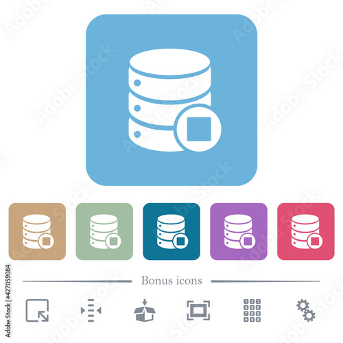 Database macro stop flat icons on color rounded square backgrounds