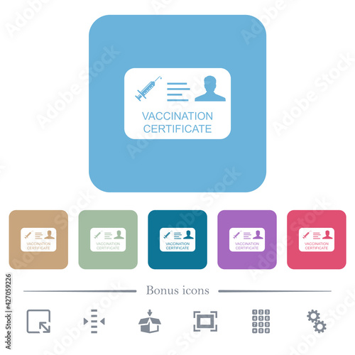 Vaccination certificate flat icons on color rounded square backgrounds
