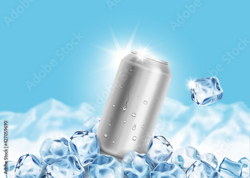 Aluminum Tin Can with ice cubes on blue background. Blank metallic can drink beer soda water juice packaging empty mock up