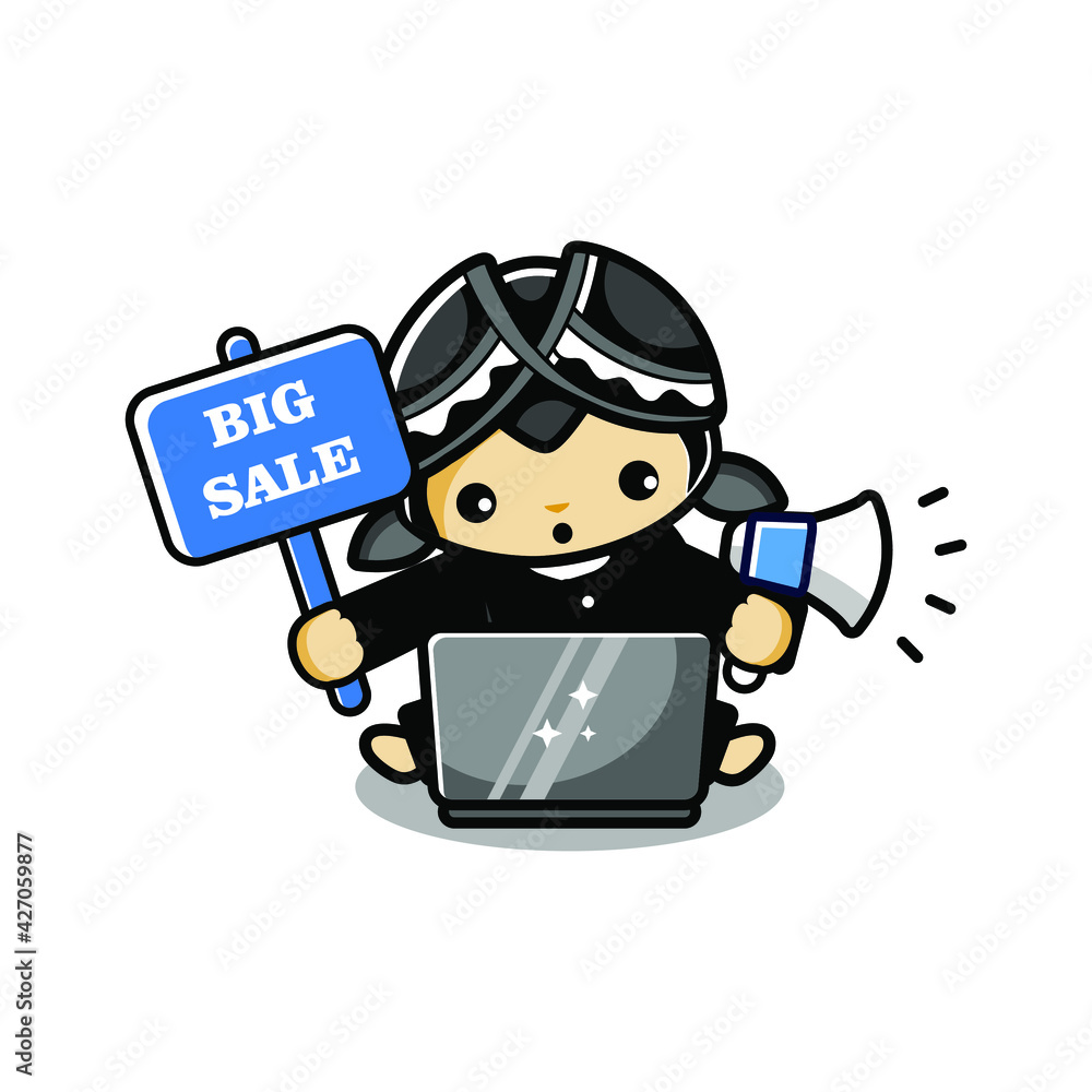 Cartoon javanese mascot with high flag of sale sign, use laptop and megaphone to promote Cartoon javanese mascot with high flag of sale sign, use laptop and megaphone to promote