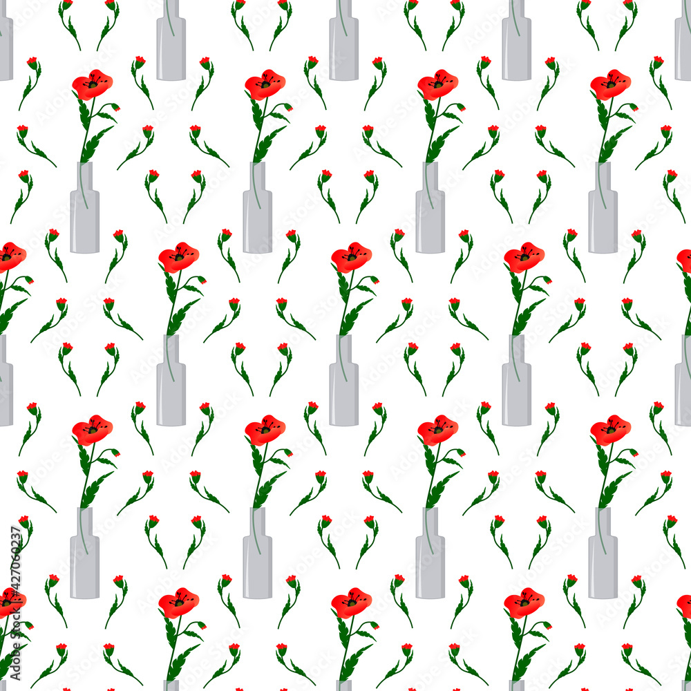 Pattern with red poppy seeds in a glass bottle. Drawing in a floral style. Print for use on wrapping paper, fabric, covers, brochures and flyers. Vector illustration.