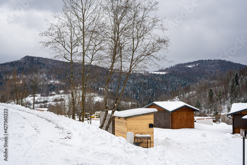 Wooden buildings at the foot of the mountains in the forest. Tustan. Carpathians. Ukraine. © Виктор Кеталь