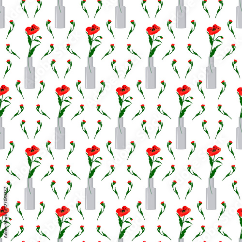 Pattern with red poppy seeds in a glass bottle. Drawing in a floral style. Print for use on wrapping paper, fabric, covers, brochures and flyers. Vector illustration.