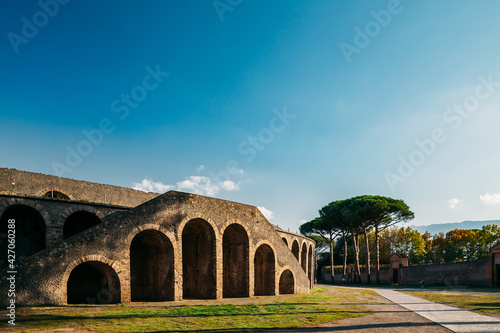 Pompeii, Italy. View Of Amphitheatre Of Pompeii In Sunny Day