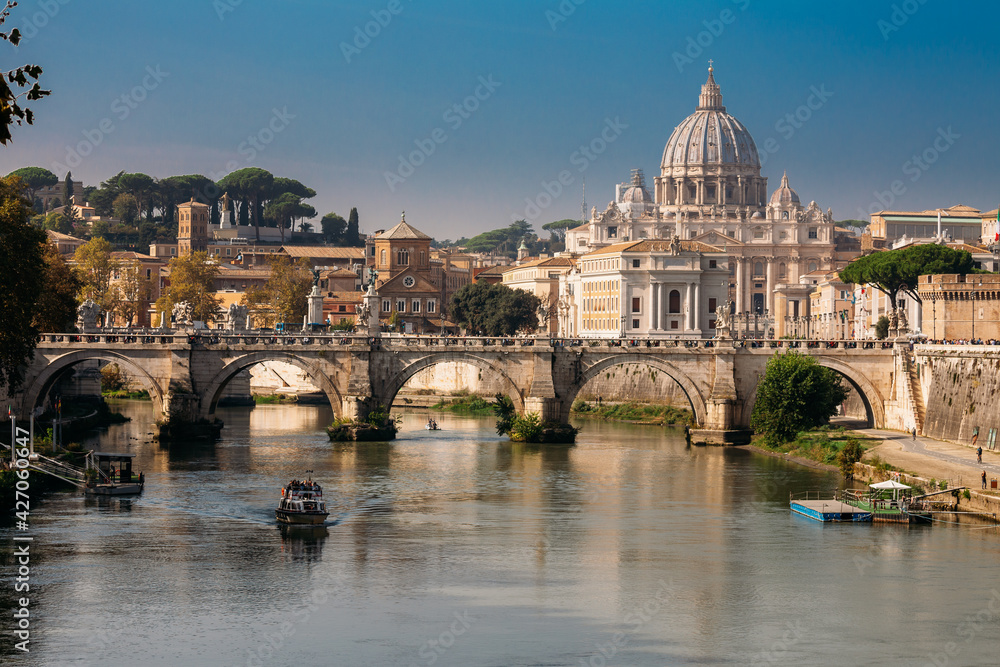 Rome, Italy. Papal Basilica Of St. Peter In The Vatican And Aelian Bridge