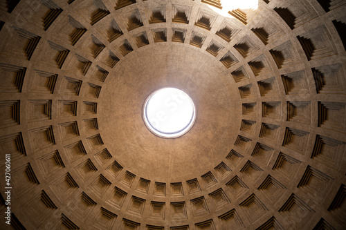 Rome, Italy. Close View Ceiling Inside Of Pantheon