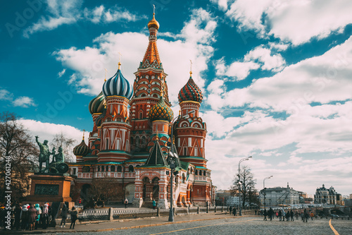 Moscow, Russia. Red Square, Saint Basil's Cathedral, Monument To Minin And Pozharsky. Destination Scenic Famous Landmark. UNESCO World Heritage Sites