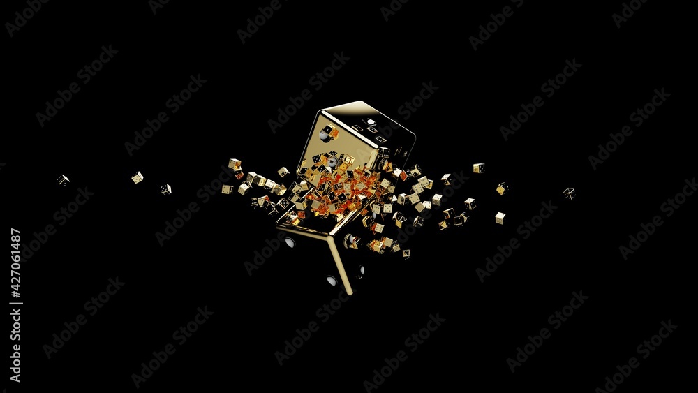 3d rendering illustration of two gold dices colliding in the air and breaking into small dices on the black background	
