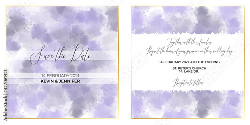 Contemporary wedding invitation card design. Vector set on alcohol ink watercolor splash in violet and grey palette. Liquid marble design. Square format.