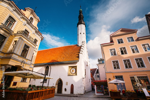 Tallinn, Estonia. Church Of Holy Ghost Or Holy Spirit Is Medieval Lutheran Church Located Behind Raekoja Plats In Summer Sunny Day