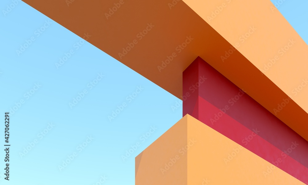 Architectural construction on blue sky. 3d render illustration. Simple angle, empty space for advertising text. Bright summer yellow color.  - obrazy, fototapety, plakaty 