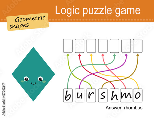 Logic puzzle game for children. Geometric shapes, rhombus. Cartoon flat style