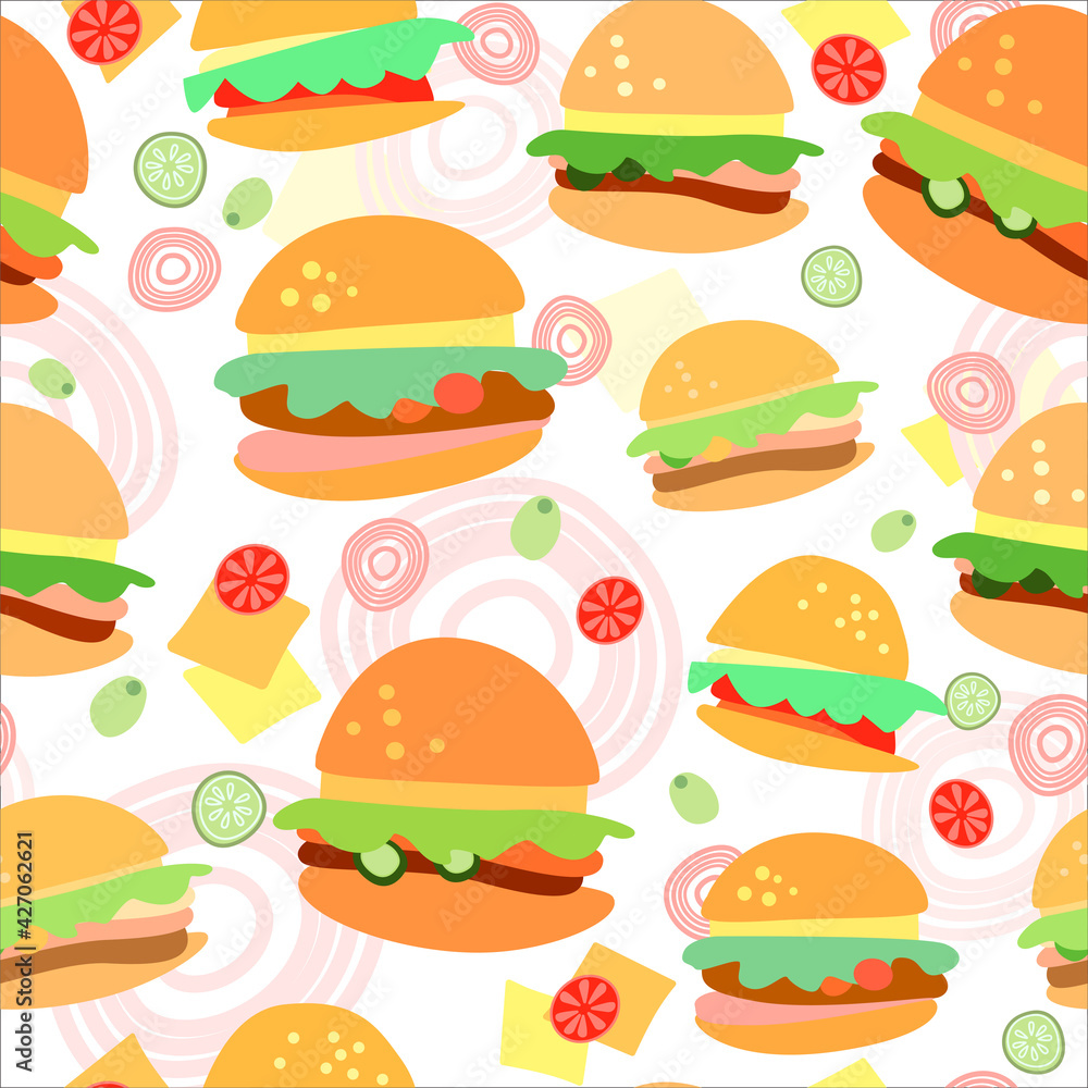 Bright vector seamless pattern. Various burgers, onion rings, slices of cheese, tomatoes, cucumbers, olives. For printing on fabric, packaging design Bright vector seamless pattern. Various burgers, onion rings, slices of cheese, tomatoes, cucumbers, olives. For printing on fabric, packaging design