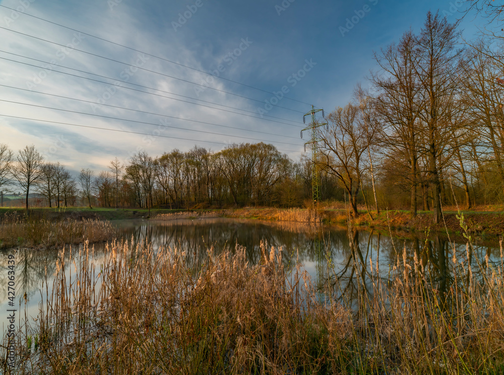 Nature pools near Budweis city in sunrise color spring morning